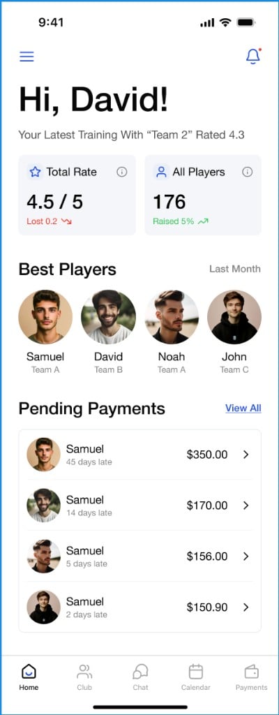 VolleyBoom dashboard showing training summary, best players, and pending payments